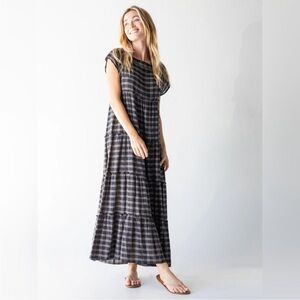 NWT Natural Life Plaid Berkley Maxi Dress 100% Cotton Navy Tan Medium